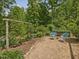 Secluded backyard showcasing gravel ground cover, lush greenery, and two chairs, creating a tranquil outdoor escape at 123 Beech Forest Way, Pittsboro, NC 27312