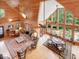 Open living room with vaulted ceilings, wood paneling, large windows, and comfortable seating at 123 Beech Forest Way, Pittsboro, NC 27312
