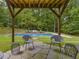 Poolside patio with wooden pergola, stylish seating and lush greenery at 123 Beech Forest Way, Pittsboro, NC 27312