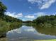 Scenic view of a tranquil pond reflecting the blue sky, surrounded by lush green trees on a sunny day at 1241 Keith Rd, Wake Forest, NC 27587