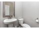 A modern powder room featuring a pedestal sink, a decorative mirror, and a white toilet at 1314 Catch Fly Ln, Durham, NC 27713