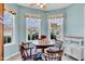 Charming breakfast nook featuring bright blue walls and three windows for natural light and neighborhood views at 1410 Osborne Dr, Burlington, NC 27215