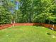 Spacious fenced backyard featuring lush green grass, mature trees and a storage shed at 19 Rivers Edge Ct, Timberlake, NC 27583