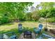 The expansive backyard features a lush green lawn, charming garden and a cozy fire pit area for outdoor enjoyment at 20 Keswick Ct, Durham, NC 27713