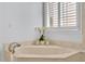 Close-up of a soaking tub with decorative accents and natural light streaming through plantation shutters at 20011 Bragg, Chapel Hill, NC 27517