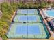 Aerial view of fenced tennis courts surrounded by trees and near to other recreational areas at 2049 Rainy Lake St, Wake Forest, NC 27587
