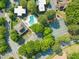 Aerial view of community pool, tennis courts, and surrounding lush greenery at 213 Summerwalk Cir, Chapel Hill, NC 27517