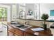 Close-up of a kitchen sink with wood cabinets, a gooseneck faucet, and natural light from the large windows at 30150 Walser, Chapel Hill, NC 27517