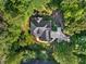 Aerial view of a home nestled among mature trees with a long driveway at 3035 Tavistock Dr, Durham, NC 27712