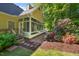 Cozy back porch with screened-in area, steps to yard, and lush landscaping at 3035 Tavistock Dr, Durham, NC 27712