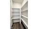 Bright pantry featuring ample shelving space for organized storage and attractive wood-look flooring at 3224 Wishing Well Wynd, Apex, NC 27502