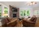 Comfortable living room with a stone fireplace, hardwood floors, and serene natural light at 3612 Carriage Dr, Raleigh, NC 27612