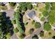 Aerial view of a house surrounded by lush greenery and a well-maintained lawn in a neighborhood cul-de-sac at 401 Onondaga Ct, Holly Springs, NC 27540