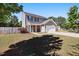 Two-story home with a teal front door, two car garage, and fenced-in backyard at 401 Onondaga Ct, Holly Springs, NC 27540