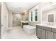 Elegant bathroom with double vanity, soaking tub, and large glass-enclosed shower at 46 Bonterra Way, Chapel Hill, NC 27516