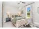 Comfortable bedroom with large windows, a ceiling fan and a cozy bed at 46 Bonterra Way, Chapel Hill, NC 27516