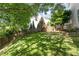 Sloping back yard with a wooden fence, lush lawn, and mature trees offering a sense of privacy at 5504 Creekdale Cir, Raleigh, NC 27612