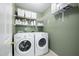 Well-organized laundry room with white washer, dryer, shelving, and storage baskets at 5512 Bridgeman Ct, Durham, NC 27703
