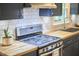 Detailed kitchen view of the countertops, stainless steel stove top, and white subway tile backsplash at 5642 Falkirk Dr, Durham, NC 27712