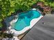 Aerial view of the in-ground pool at this home that is surrounded by mature trees and landscaping at 6509 Mountain Brook Ln, Raleigh, NC 27615