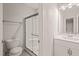 Clean bathroom featuring a glass shower and updated vanity at 6633 Penfield St, Wake Forest, NC 27587