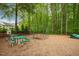 Well-maintained playground featuring swings and picnic tables in a community setting at 712 Evanvale Ct, Cary, NC 27518