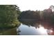 Beautiful lake view with a wooden bridge surrounded by lush greenery at 7401 Ray Rd, Raleigh, NC 27613