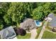 Aerial view of a home with a swimming pool and lush greenery at 7508 Venture Ct, Raleigh, NC 27615