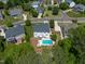 Aerial view of a white house showcasing a backyard pool, patio, and well-manicured landscaping at 817 Highwater Pl, Fuquay Varina, NC 27526