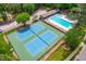 Aerial view of community pool and tennis courts surrounded by lush greenery at 8600 Clivedon Dr, Raleigh, NC 27615