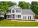Charming two-story home with manicured lawn and mature trees, showcasing classic architectural details at 8600 Clivedon Dr, Raleigh, NC 27615