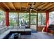 Relaxing screened porch with comfortable seating, ceiling fan, and view of the backyard at 9508 Vira Dr, Raleigh, NC 27617