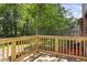 This wooden back deck overlooks a spacious backyard with mature trees at 101 Atchison St, Garner, NC 27529