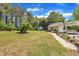 Backyard with mature trees, a white gravel path, and covered porch at 1112 Turner Farms Rd, Garner, NC 27529
