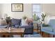 Comfortable living room area showcasing the plush blue sofa, light blue chair, and hardwood floors at 117 Idlewild Ave, Raleigh, NC 27601