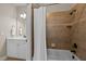 Bathroom features vanity with marble countertop, walk-in shower and shower curtain at 12508 Angel Falls Rd, Raleigh, NC 27614