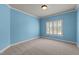 Cozy bedroom with neutral carpet, light blue walls, and bright white trim at 12508 Angel Falls Rd, Raleigh, NC 27614