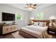 A bright bedroom includes two windows, TV and a plush bed with stylish decor at 1314 Hudson Ave, Durham, NC 27705