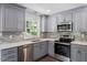 A modern kitchen features gray cabinets, stainless steel appliances, and a window offering an outdoor view at 1314 Hudson Ave, Durham, NC 27705