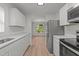 Bright kitchen with white cabinetry and stainless steel appliances overlooks living space at 1349 Crabtree Blvd, Raleigh, NC 27610
