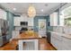 Bright kitchen offers white cabinets, subway tile backsplash, and a central island with a butcher block top at 1431 Courtland Dr, Raleigh, NC 27604
