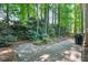 Backyard featuring stone patio area, mature trees, and lush landscaping and shrubbery at 2018 Waterton Ln, Apex, NC 27502