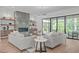 Cozy living room with stone fireplace, modern furniture, and access to outdoor views through sliding glass doors at 2104 Manuel St, Raleigh, NC 27612