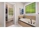Bright bathroom with a soaking tub, a large window, and a closet with storage at 215 Hopesworth Ct, Hillsborough, NC 27278