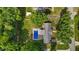 Aerial view of a backyard with a sparkling blue pool surrounded by lush greenery and mature trees at 2614 Cambridge Rd, Burlington, NC 27215