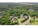 Aerial view showcasing a residential area with large, well-spaced homes, surrounded by lush trees and natural beauty at 27 Woodgate Ct, Durham, NC 27713