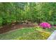 Lush backyard with mature trees and an outdoor seating area, ideal for enjoying the natural surroundings at 27 Woodgate Ct, Durham, NC 27713