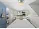 A bedroom with a bed, two windows and a blue door at 3704 Swann St, Raleigh, NC 27612