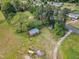Aerial view of a property featuring a red barn, large grassy lawn, and surrounding trees at 4314 Hopkins Rd, Middlesex, NC 27557