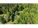 Aerial view of secluded log cabin home with guest house and pool, enveloped by vibrant green foliage at 515 Tramway West Rd, Sanford, NC 27330